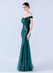 Off The Shoulder Tulle Sequin Mermaid Maxi Dresses
