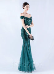 Off The Shoulder Tulle Sequin Mermaid Maxi Dresses