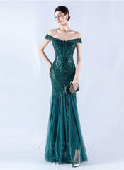 Off The Shoulder Tulle Sequin Mermaid Maxi Dresses