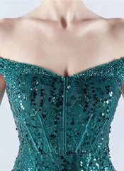 Off The Shoulder Tulle Sequin Mermaid Maxi Dresses