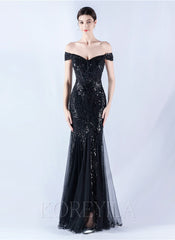 Off The Shoulder Tulle Sequin Mermaid Maxi Dresses