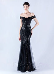 Off The Shoulder Tulle Sequin Mermaid Maxi Dresses