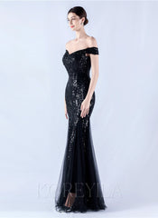 Off The Shoulder Tulle Sequin Mermaid Maxi Dresses