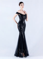 Off The Shoulder Tulle Sequin Mermaid Maxi Dresses