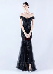 Off The Shoulder Tulle Sequin Mermaid Maxi Dresses