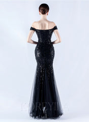 Off The Shoulder Tulle Sequin Mermaid Maxi Dresses