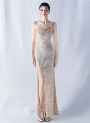 One Shoulder Feather Sequined Maxi Dress With Slit Striped