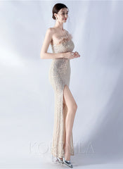 One Shoulder Feather Sequined Maxi Dress With Slit Striped