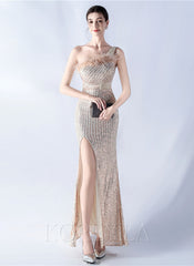 One Shoulder Feather Sequined Maxi Dress With Slit Striped