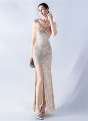 One Shoulder Feather Sequined Maxi Dress With Slit Striped