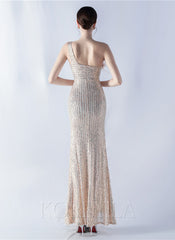 One Shoulder Feather Sequined Maxi Dress With Slit Striped