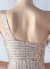 One Shoulder Feather Sequined Maxi Dress With Slit Striped