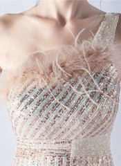 One Shoulder Feather Sequined Maxi Dress With Slit Striped