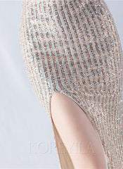 One Shoulder Feather Sequined Maxi Dress With Slit Striped