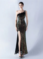 One Shoulder Feather Sequined Maxi Dress With Slit Striped