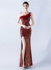 One Shoulder Feather Sequined Maxi Dress With Slit Striped