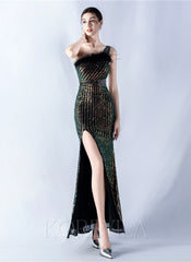 One Shoulder Feather Sequined Maxi Dress With Slit Striped