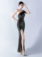 One Shoulder Feather Sequined Maxi Dress With Slit Striped