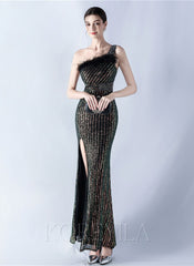 One Shoulder Feather Sequined Maxi Dress With Slit Striped