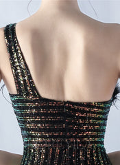 One Shoulder Feather Sequined Maxi Dress With Slit Striped