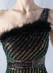 One Shoulder Feather Sequined Maxi Dress With Slit Striped
