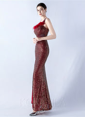 One Shoulder Feather Sequined Maxi Dress With Slit Striped