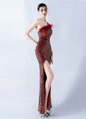 One Shoulder Feather Sequined Maxi Dress With Slit Striped