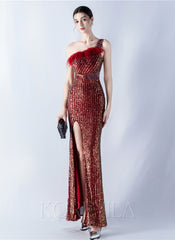 One Shoulder Feather Sequined Maxi Dress With Slit Striped
