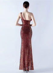 One Shoulder Feather Sequined Maxi Dress With Slit Striped