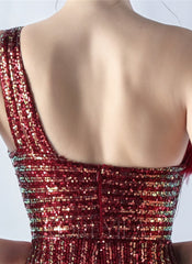 One Shoulder Feather Sequined Maxi Dress With Slit Striped