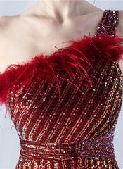 One Shoulder Feather Sequined Maxi Dress With Slit Striped