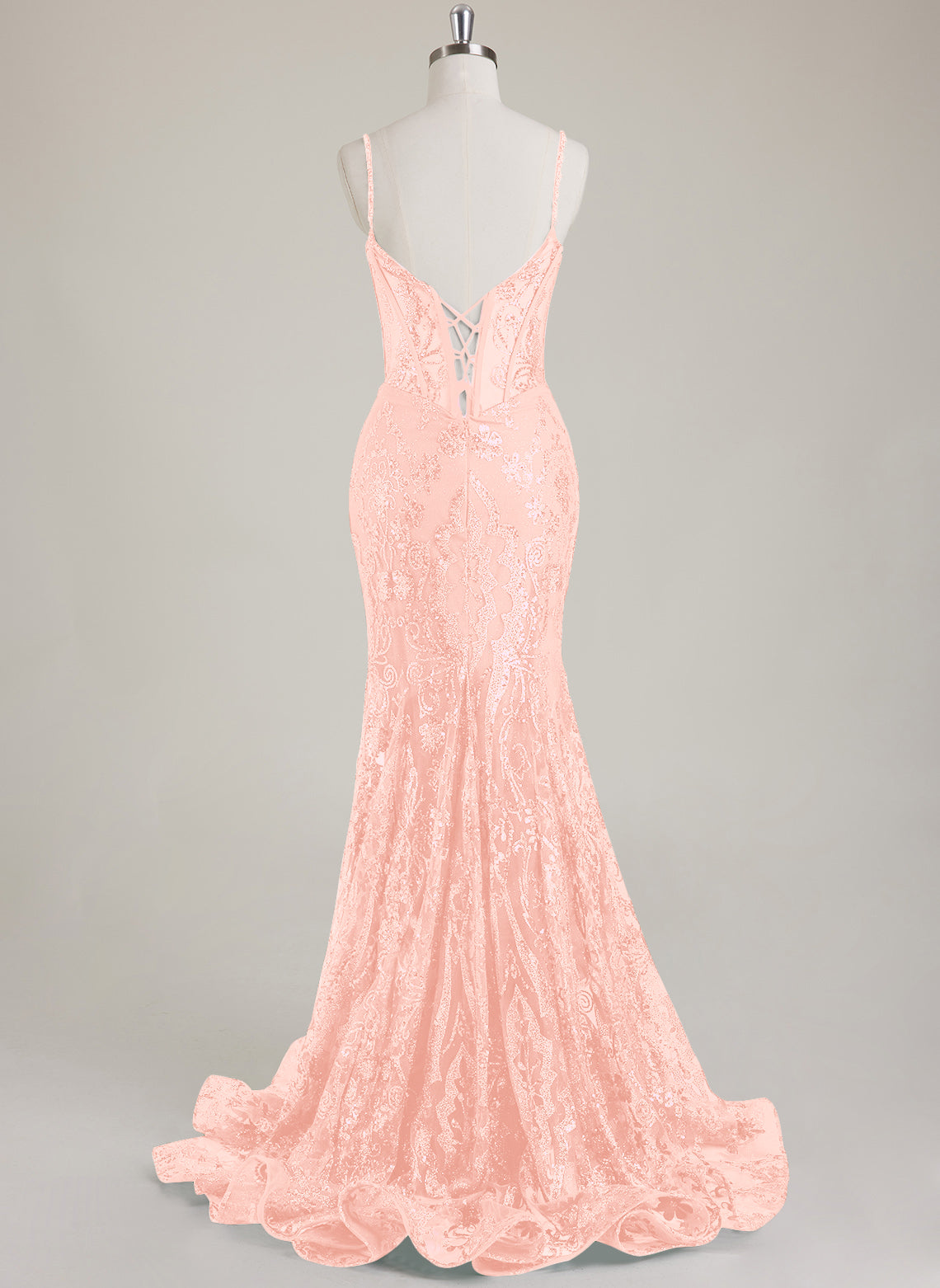 Spaghetti Straps V-Neck Corset Sequins Lace Trumpet/Mermaid Maxi Dress