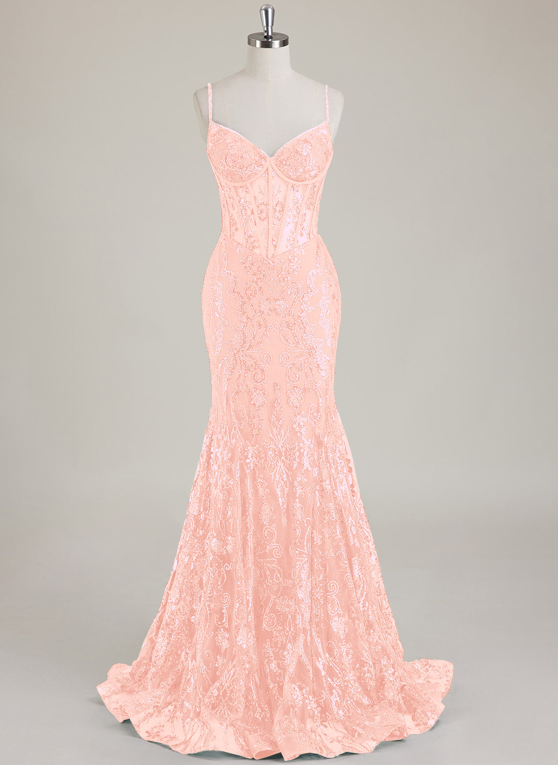 Spaghetti Straps V-Neck Corset Sequins Lace Trumpet/Mermaid Maxi Dress