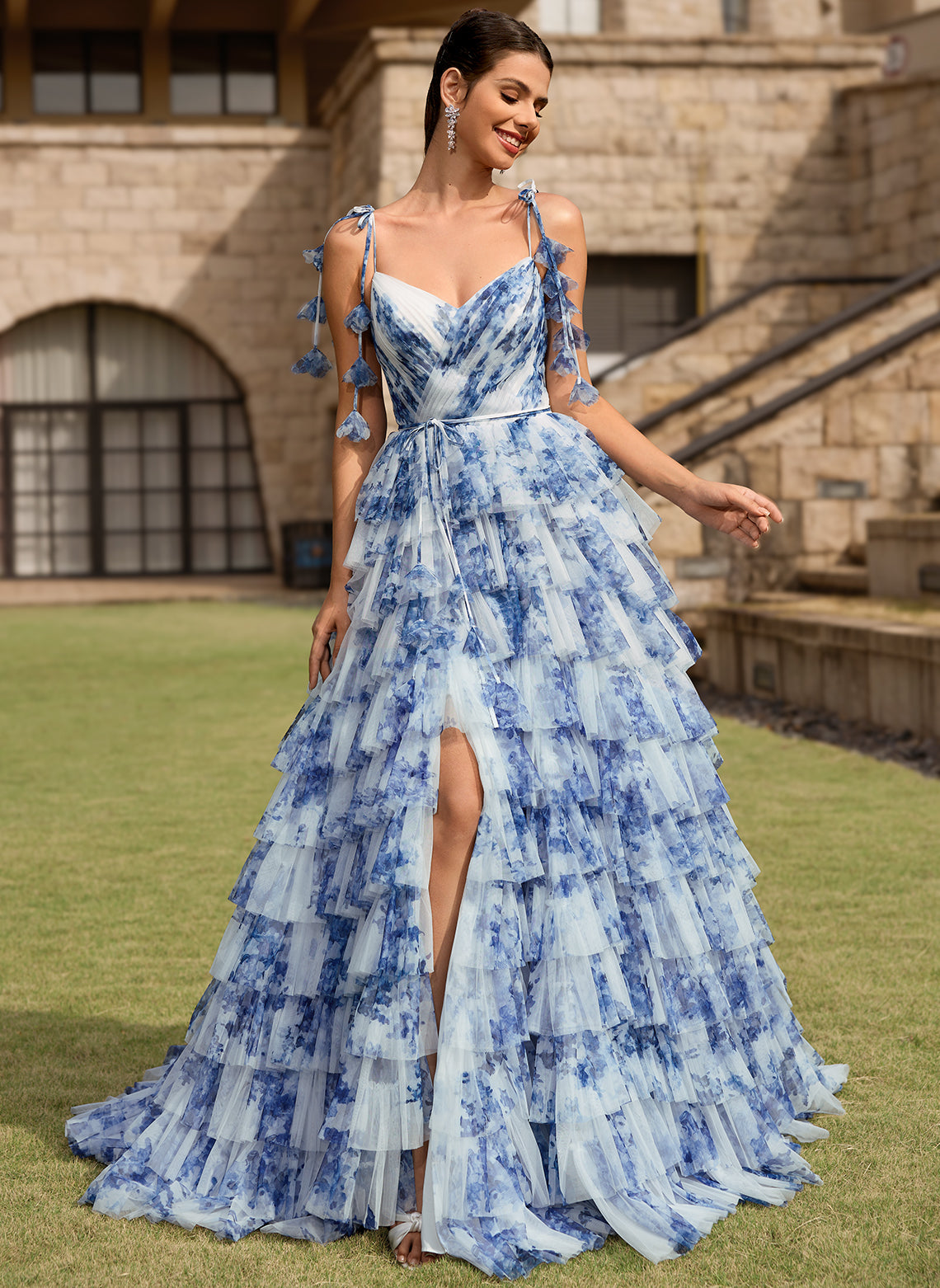 Floral Lace Up Back V-Neck Corset Ruffled Tiered Tulle Ball-Gown Maxi KOREYILA Floral Lace Up Back V-Neck Corset Ruffled Tiered Tulle Ball-Gown Maxi KOREYILA