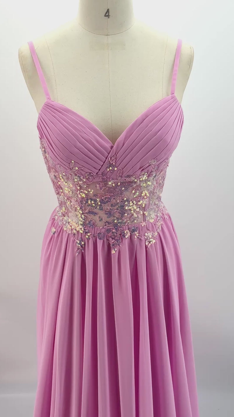 A-line V-Neck Sweep Train Chiffon Maxi Dresses With Sequins