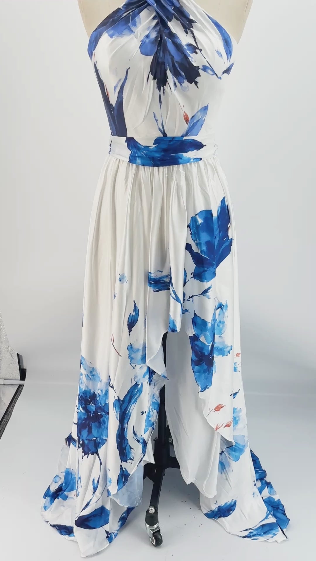 The Clean Floral Satin Halter High-Low Dress | Prom & Formal