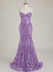 Spaghetti Straps V-Neck Corset Sequins Lace Trumpet/Mermaid Maxi Dress